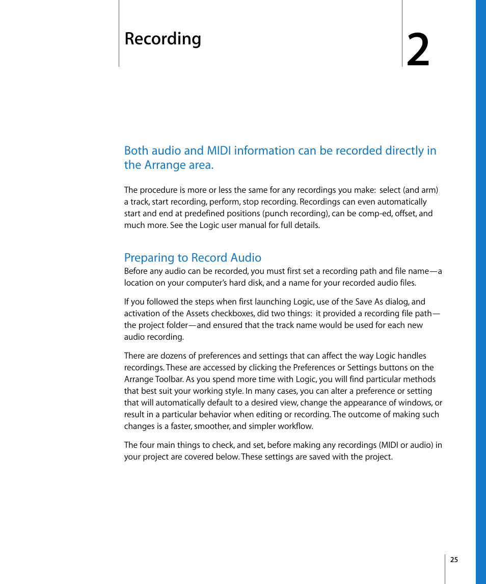 Recording, Preparing to record audio, Chapter 2 | Apple Logic Pro 8 Getting Started User Manual | Page 25 / 111