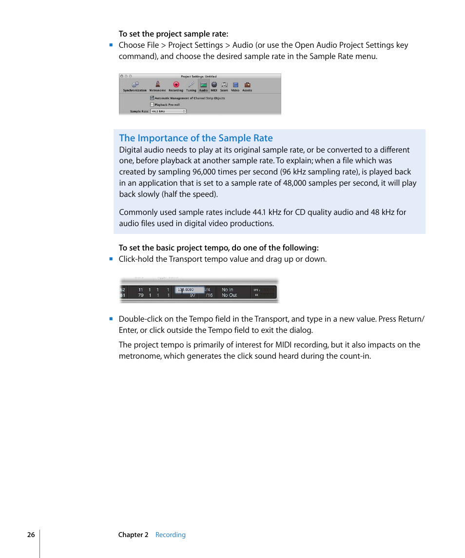 The importance of the sample rate | Apple Logic Pro 8 Getting Started User Manual | Page 26 / 111