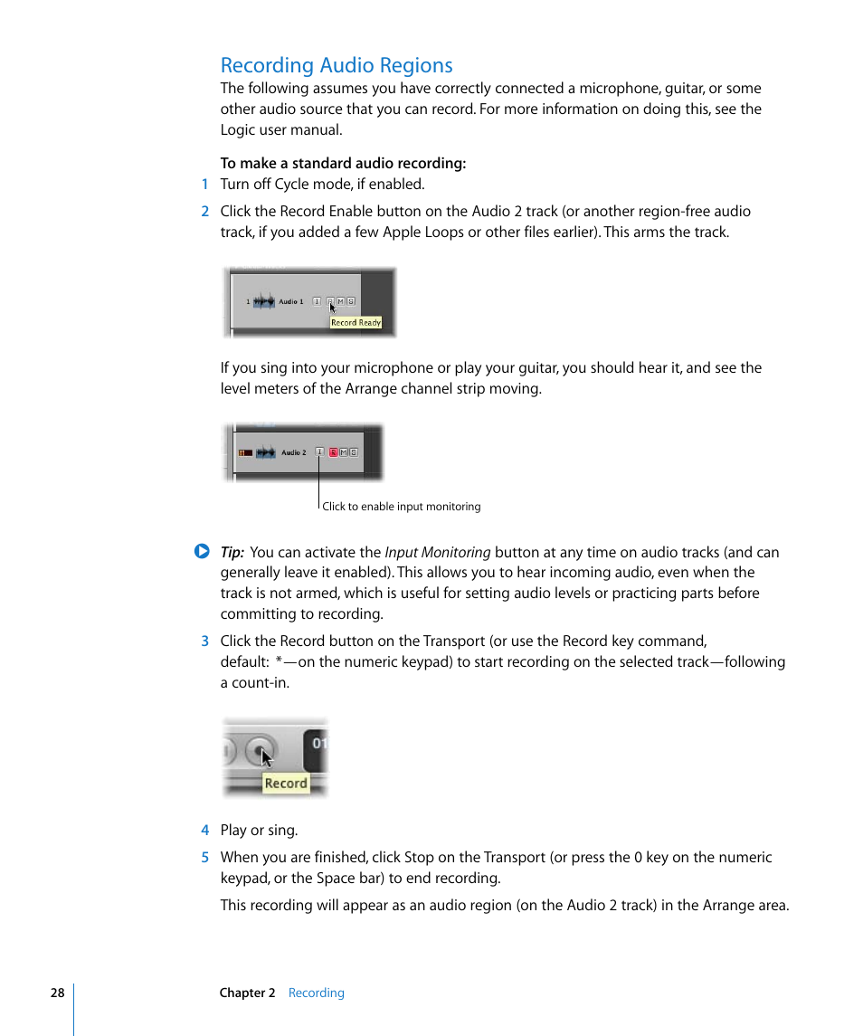 Recording audio regions | Apple Logic Pro 8 Getting Started User Manual | Page 28 / 111
