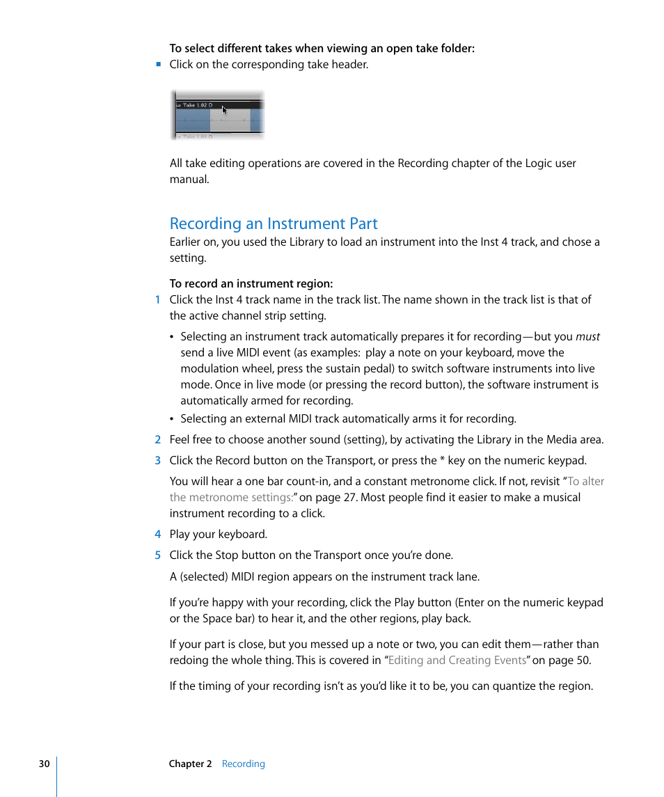 Recording an instrument part | Apple Logic Pro 8 Getting Started User Manual | Page 30 / 111