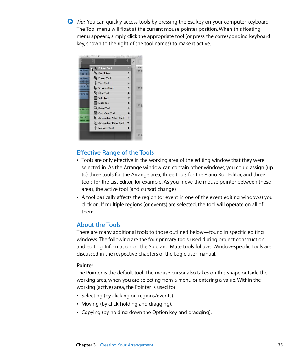 Effective range of the tools, About the tools | Apple Logic Pro 8 Getting Started User Manual | Page 35 / 111