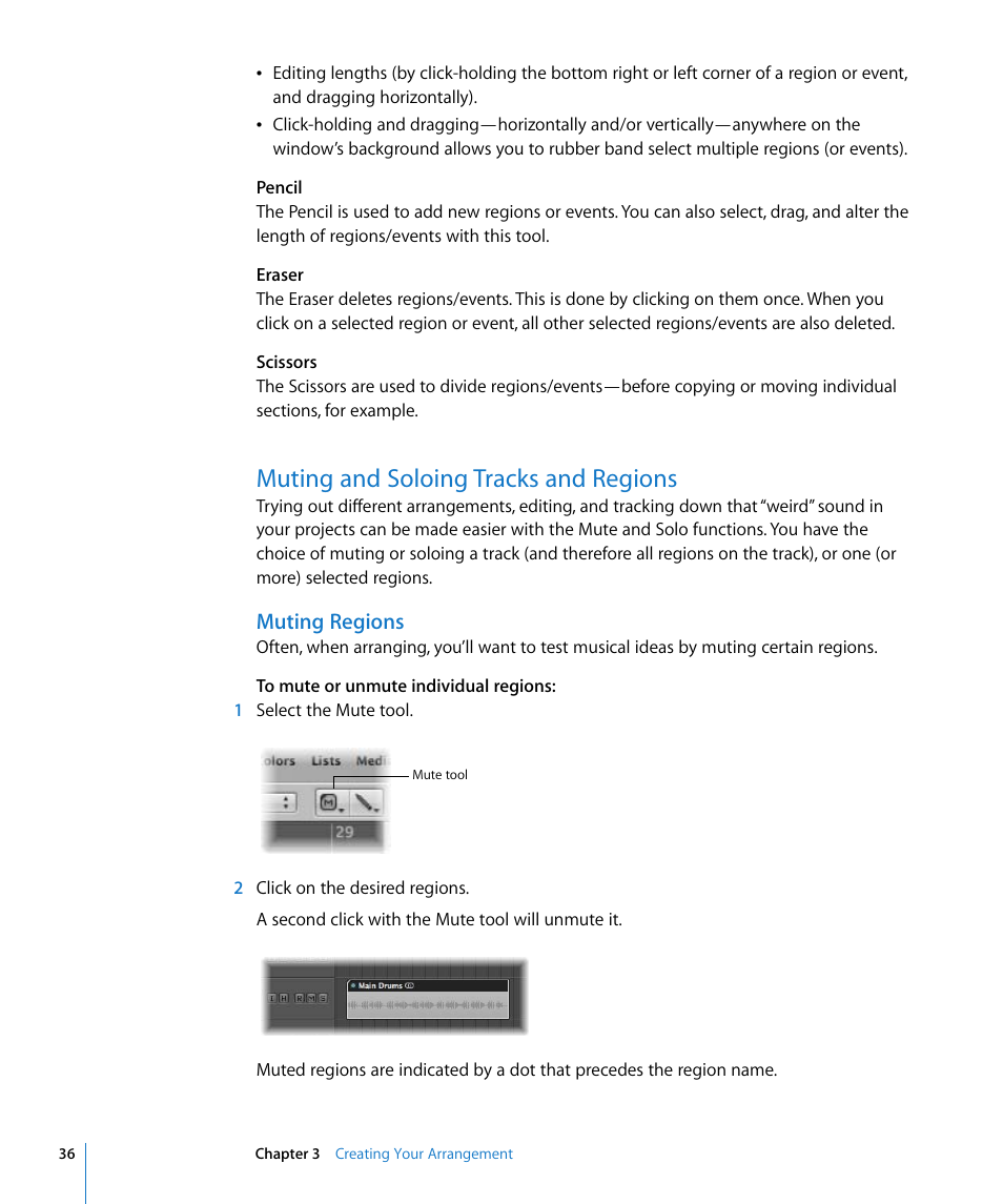 Muting and soloing tracks and regions, Muting regions | Apple Logic Pro 8 Getting Started User Manual | Page 36 / 111