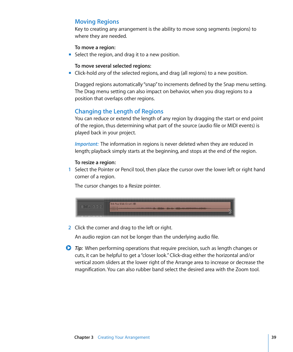 Moving regions, Changing the length of regions | Apple Logic Pro 8 Getting Started User Manual | Page 39 / 111