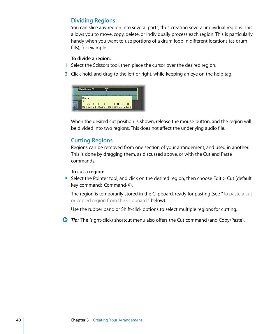 Dividing regions, Cutting regions | Apple Logic Pro 8 Getting Started User Manual | Page 40 / 111