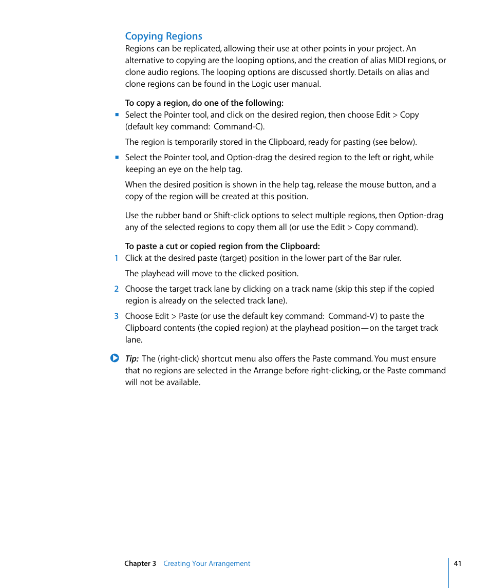 Copying regions, Or pasting (see, To paste a cut | Or copied region from the clipboard, Belo | Apple Logic Pro 8 Getting Started User Manual | Page 41 / 111