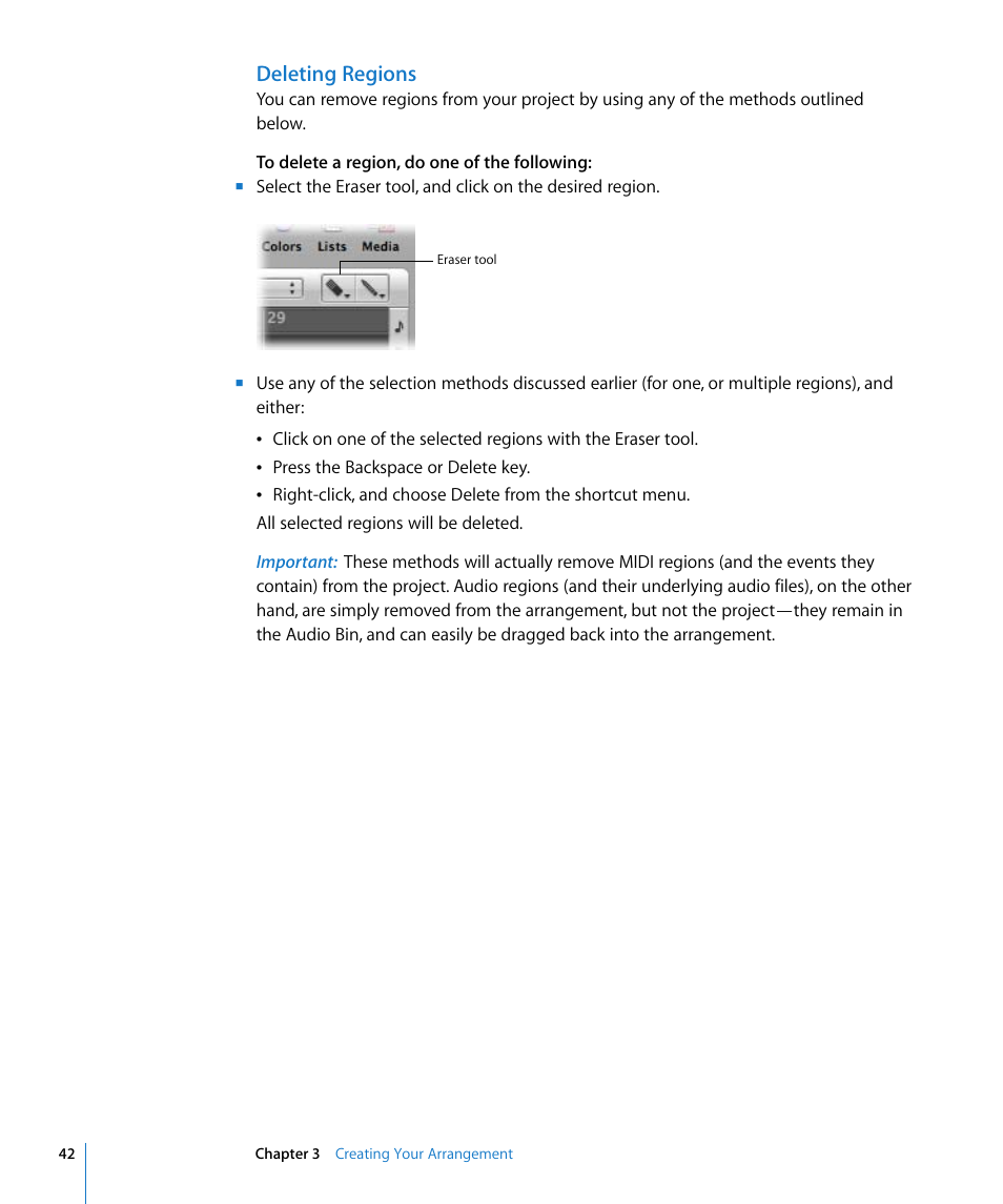 Deleting regions | Apple Logic Pro 8 Getting Started User Manual | Page 42 / 111