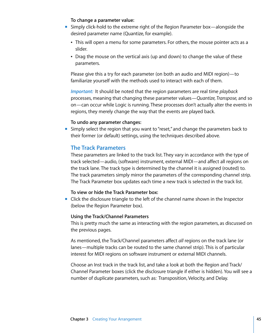 The track parameters | Apple Logic Pro 8 Getting Started User Manual | Page 45 / 111