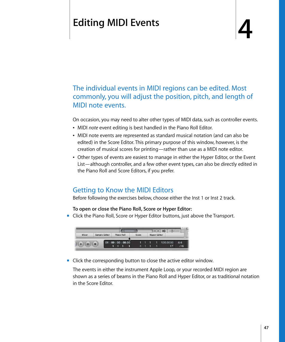 Editing midi events, Getting to know the midi editors, Chapter 4 | Apple Logic Pro 8 Getting Started User Manual | Page 47 / 111