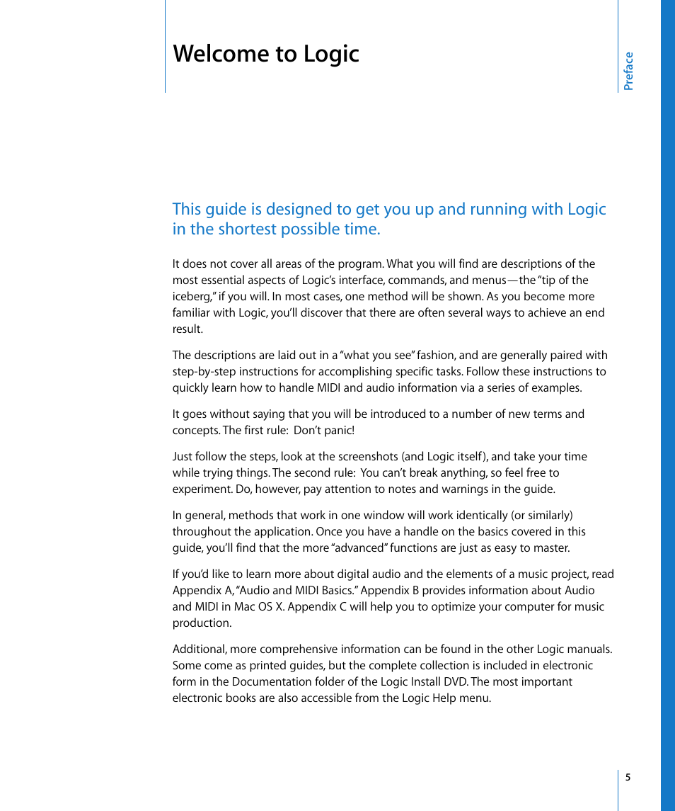 Welcome to logic, Preface | Apple Logic Pro 8 Getting Started User Manual | Page 5 / 111
