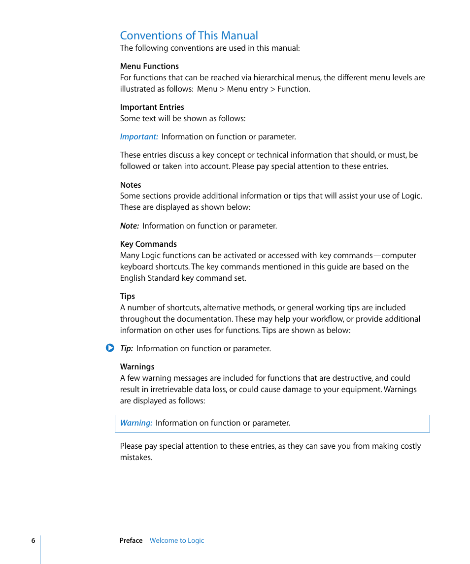 Conventions of this manual | Apple Logic Pro 8 Getting Started User Manual | Page 6 / 111