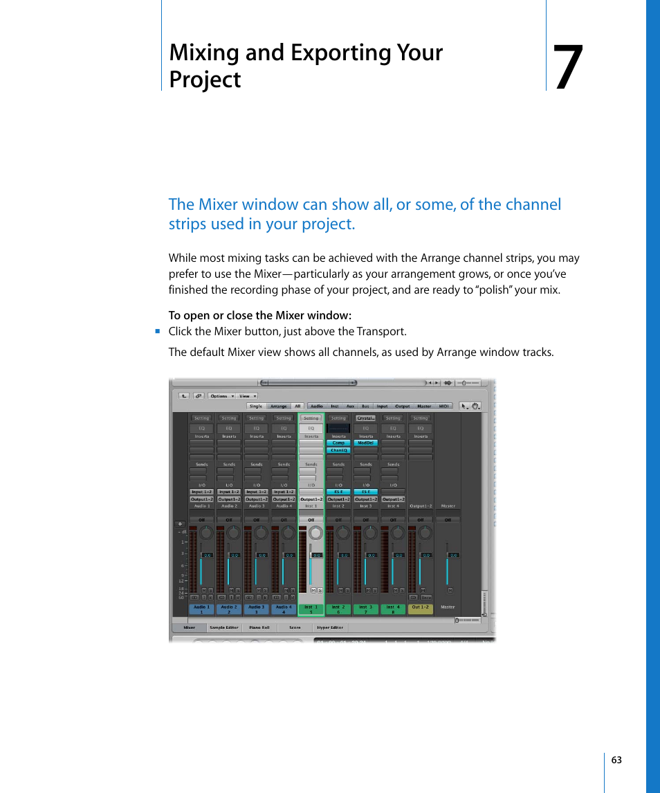 Mixing and exporting your project, Chapter 7, And chapt | Apple Logic Pro 8 Getting Started User Manual | Page 63 / 111