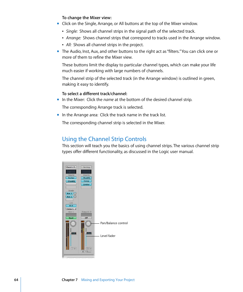 Using the channel strip controls | Apple Logic Pro 8 Getting Started User Manual | Page 64 / 111