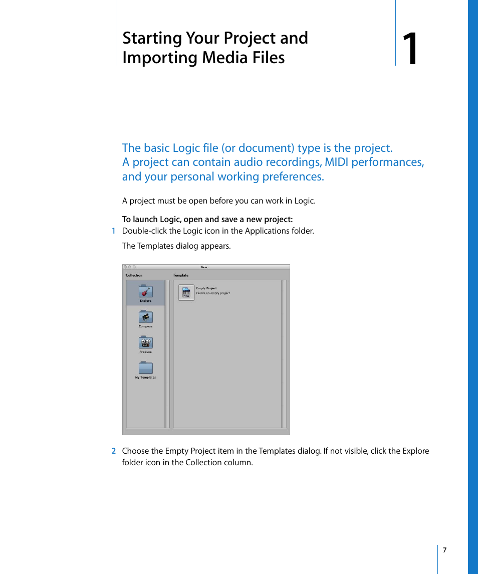 Starting your project and importing media files, Chapter 1 | Apple Logic Pro 8 Getting Started User Manual | Page 7 / 111