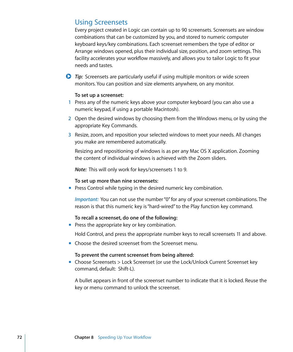 Using screensets, Tions (see | Apple Logic Pro 8 Getting Started User Manual | Page 72 / 111