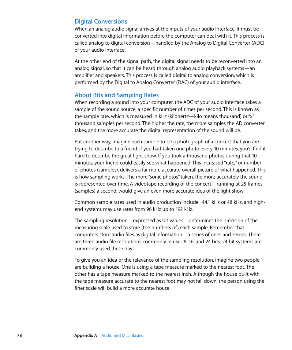 Digital conversions, About bits and sampling rates | Apple Logic Pro 8 Getting Started User Manual | Page 78 / 111