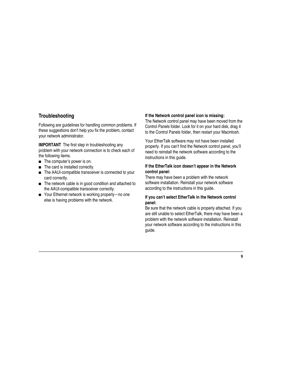 Troubleshooting | Apple Ethernet CS AAUI Card User Manual | Page 11 / 14