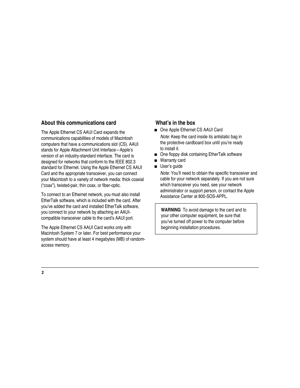 About this communications card, What’s in the box | Apple Ethernet CS AAUI Card User Manual | Page 4 / 14