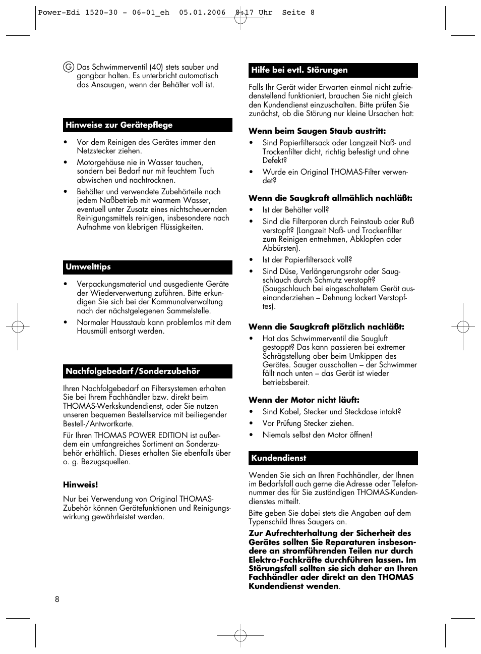 Thomas Power Edition 1520 User Manual | Page 8 / 44