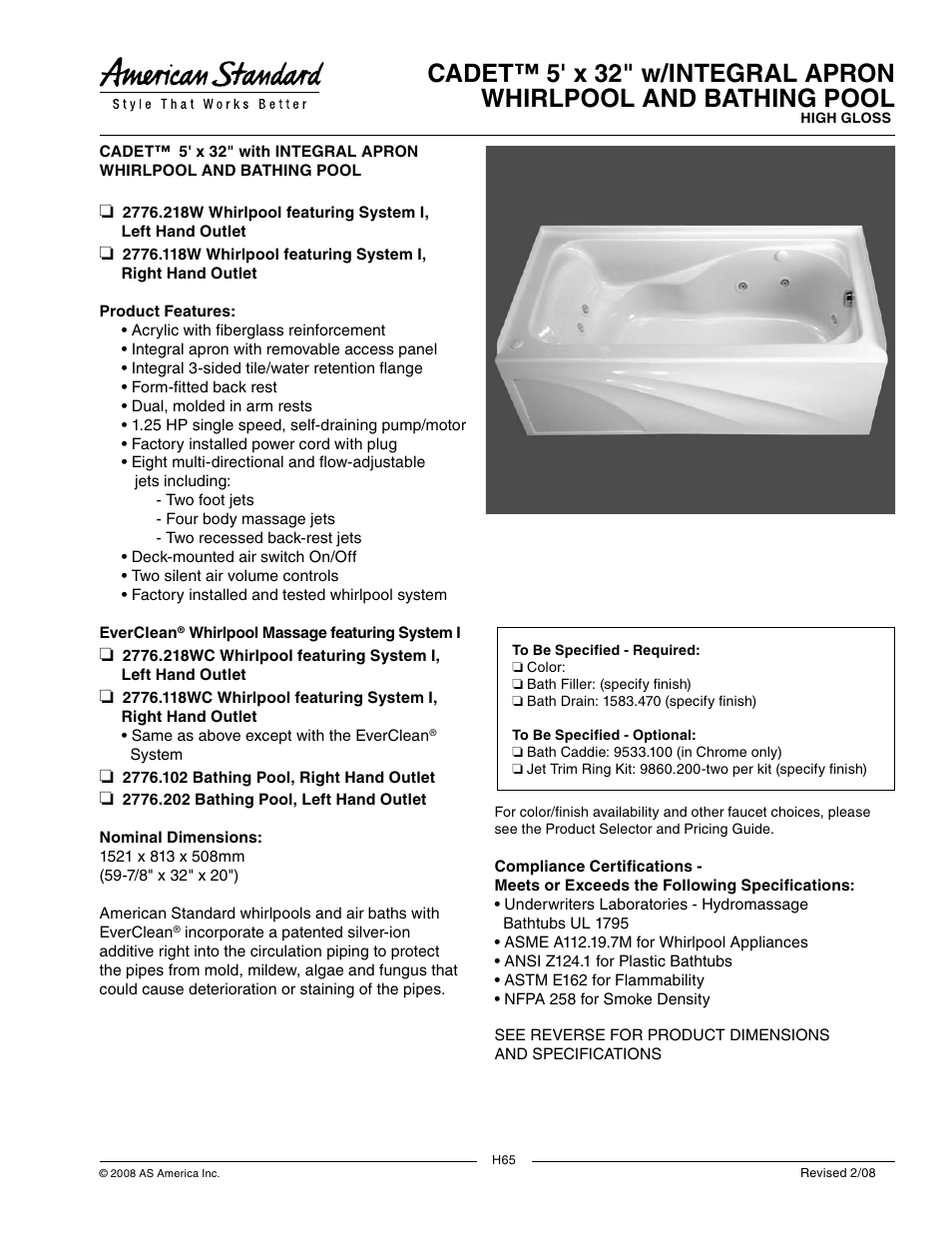 American Standard Cadet w/ Integral Apron Whirlpool and Bathing Pool 2776.218W User Manual | 2 pages