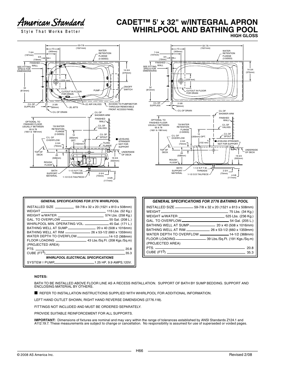 High gloss, Revised 2/08, General specifications for 2776 bathing pool | American Standard Cadet w/ Integral Apron Whirlpool and Bathing Pool 2776.218W User Manual | Page 2 / 2