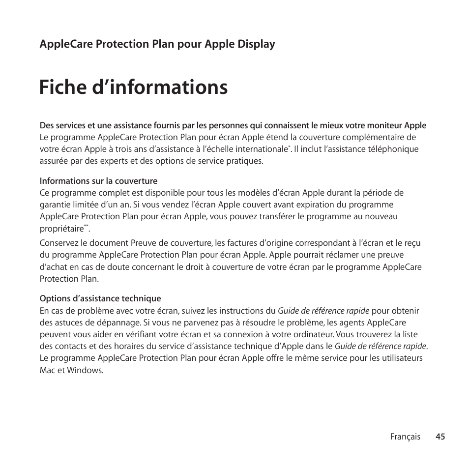 Fiche d’informations, Applecare protection plan pour apple display | Apple AppleCare Protection Plan for Apple Display User Manual | Page 45 / 112