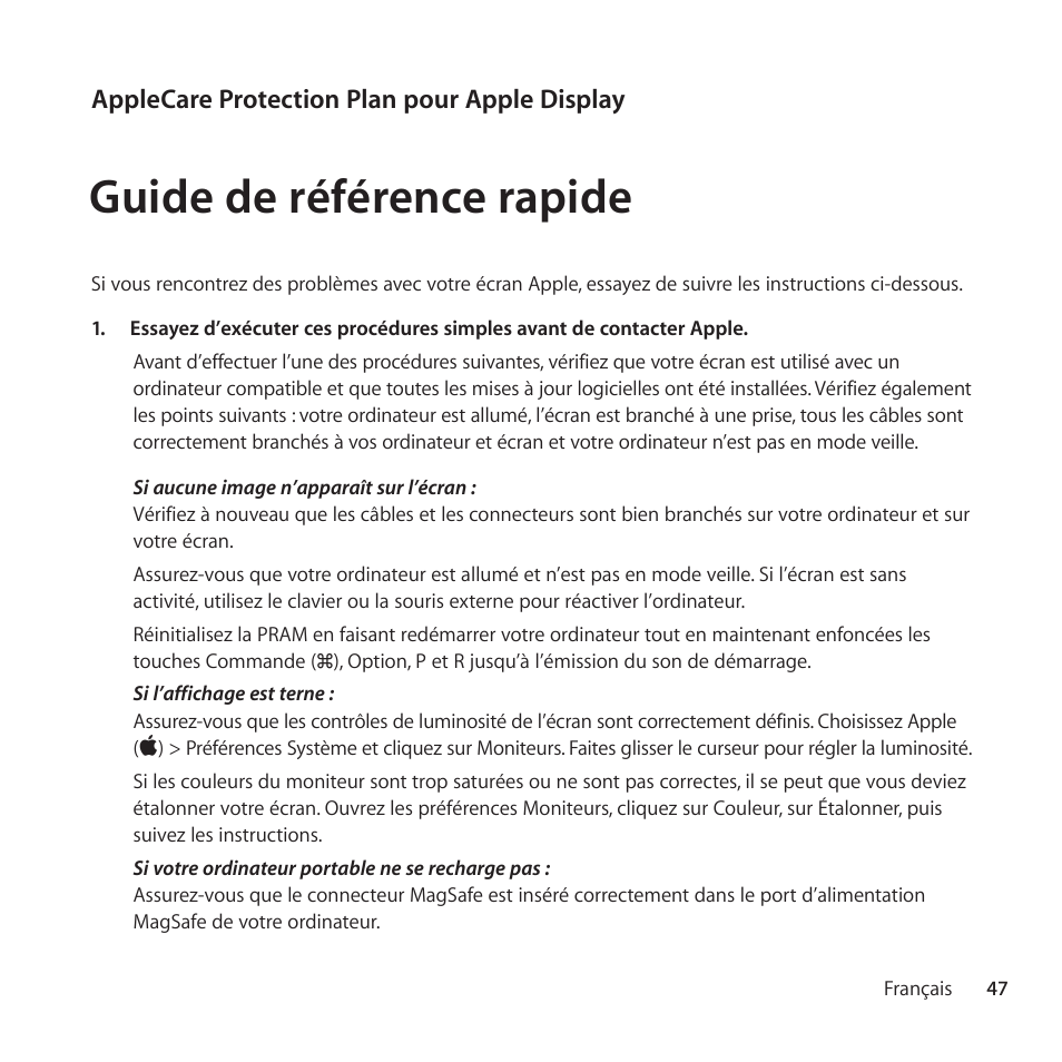 Guide de référence rapide | Apple AppleCare Protection Plan for Apple Display User Manual | Page 47 / 112