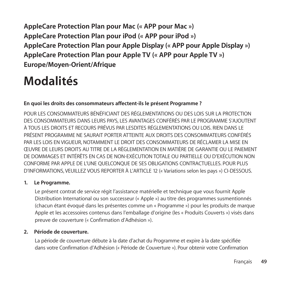 Modalités | Apple AppleCare Protection Plan for Apple Display User Manual | Page 49 / 112