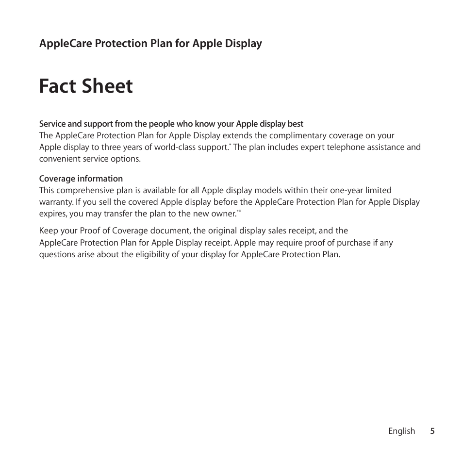 Fact sheet, Applecare protection plan for apple display | Apple AppleCare Protection Plan for Apple Display User Manual | Page 5 / 112