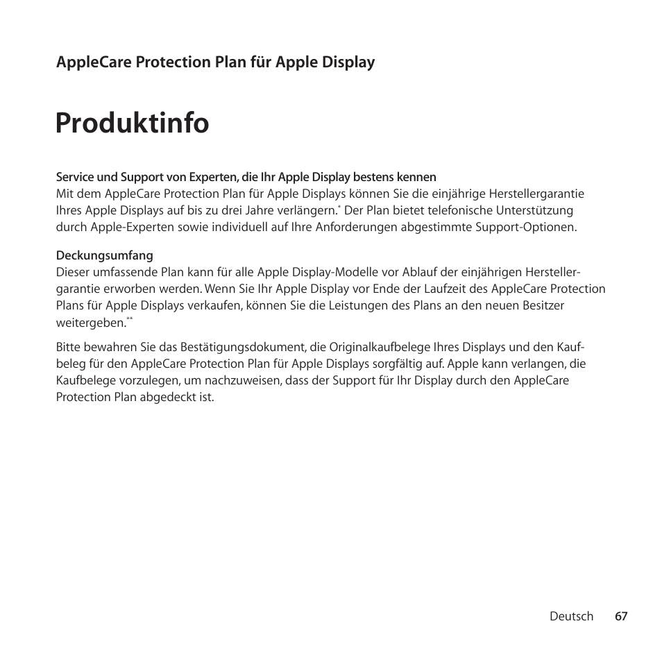 Produktinfo, Applecare protection plan für apple display | Apple AppleCare Protection Plan for Apple Display User Manual | Page 67 / 112