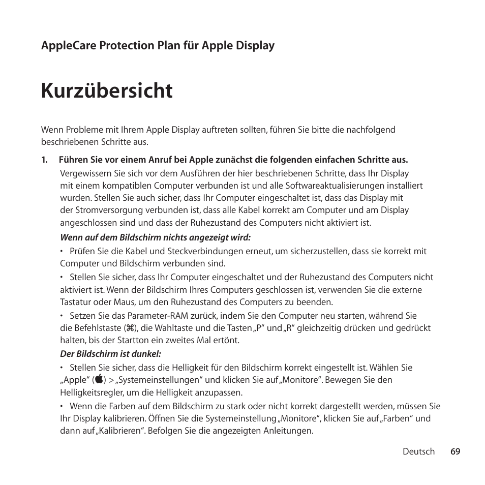 Kurzübersicht | Apple AppleCare Protection Plan for Apple Display User Manual | Page 69 / 112