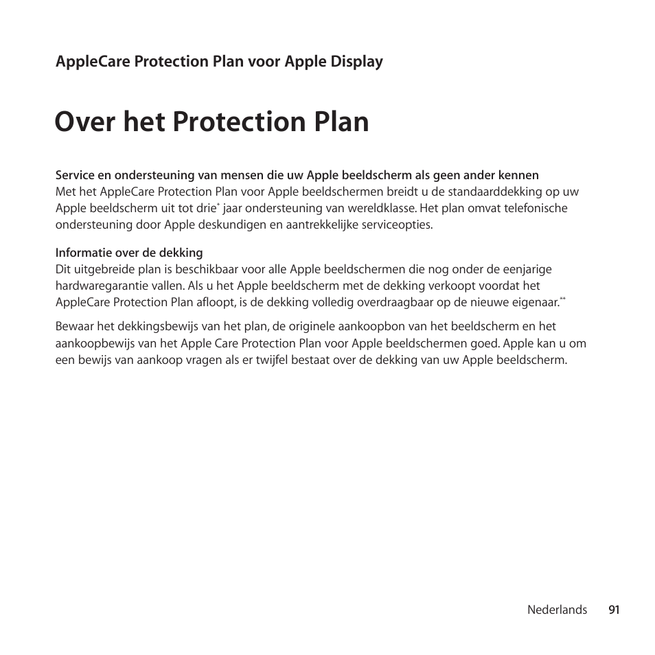 Over het protection plan, Applecare protection plan voor apple display | Apple AppleCare Protection Plan for Apple Display User Manual | Page 91 / 112