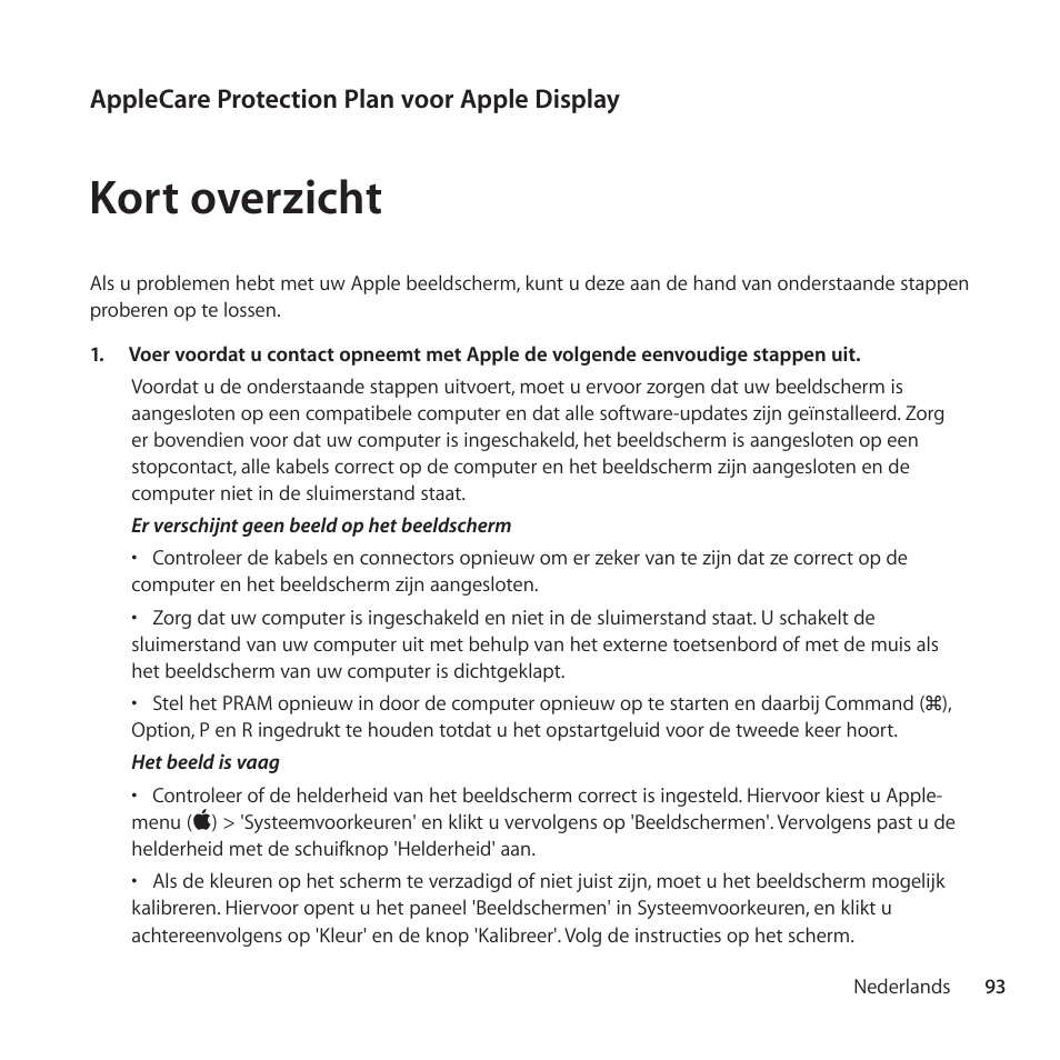 Kort overzicht | Apple AppleCare Protection Plan for Apple Display User Manual | Page 93 / 112