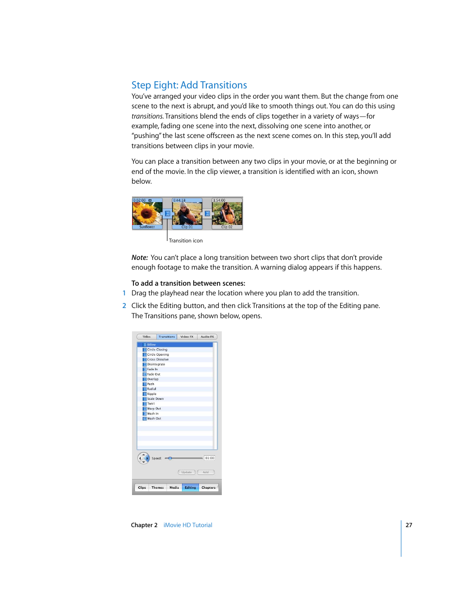 Step eight: add transitions | Apple iMovie HD 6 User Manual | Page 27 / 47