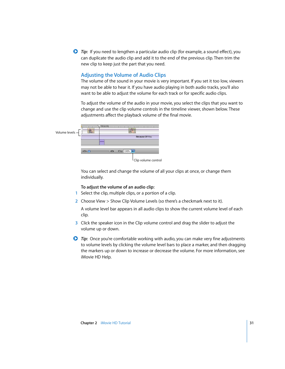Adjusting the volume of audio clips | Apple iMovie HD 6 User Manual | Page 31 / 47