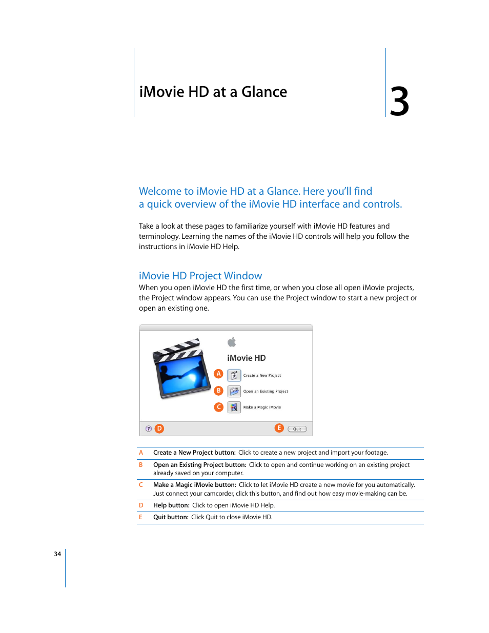 Imovie hd at a glance, Imovie hd project window, Chapter 3 | Apple iMovie HD 6 User Manual | Page 34 / 47