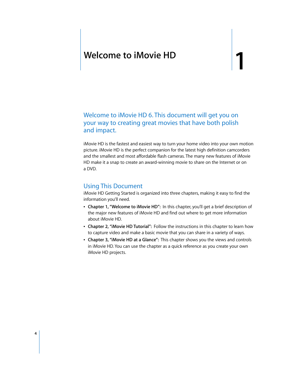 Welcome to imovie hd, Using this document, Chapter 1 | Apple iMovie HD 6 User Manual | Page 4 / 47