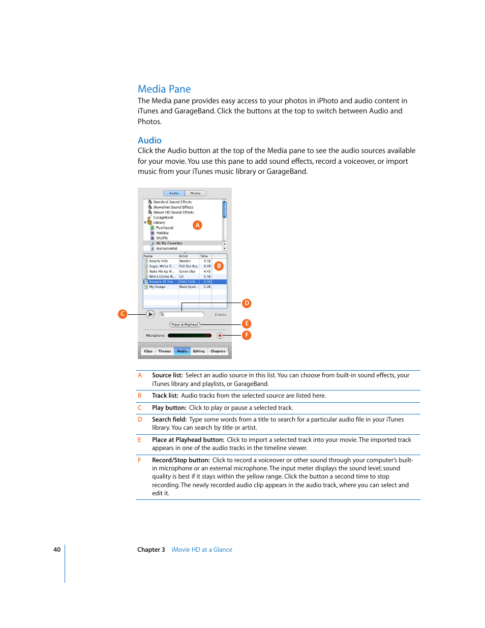Media pane, Audio | Apple iMovie HD 6 User Manual | Page 40 / 47