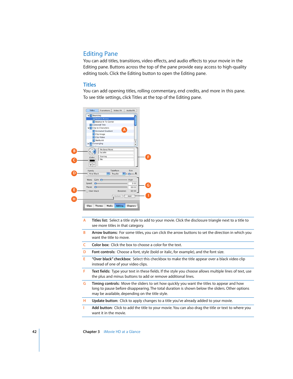 Editing pane, Titles | Apple iMovie HD 6 User Manual | Page 42 / 47