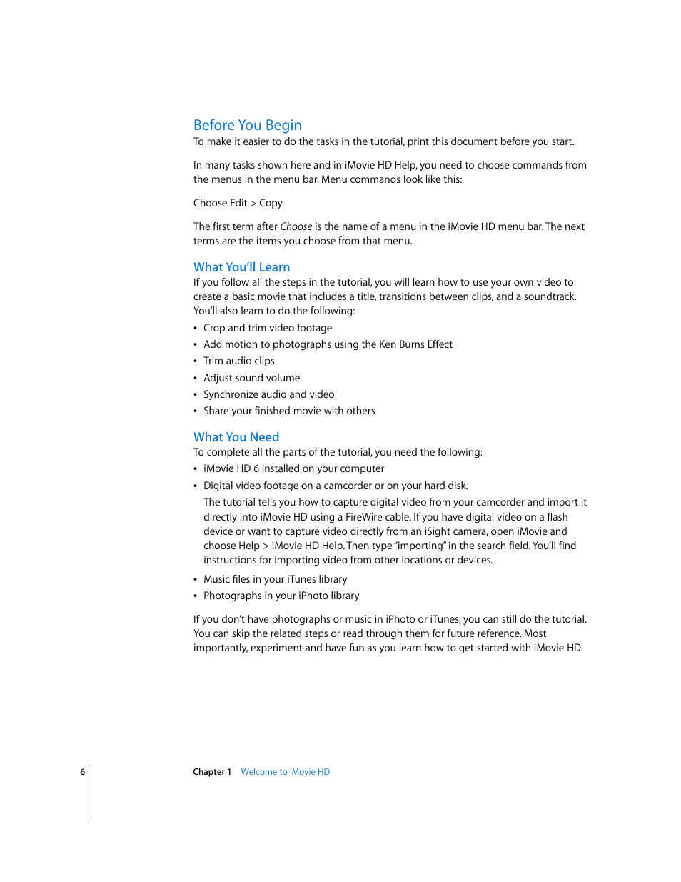 Before you begin, What you’ll learn, What you need | Apple iMovie HD 6 User Manual | Page 6 / 47