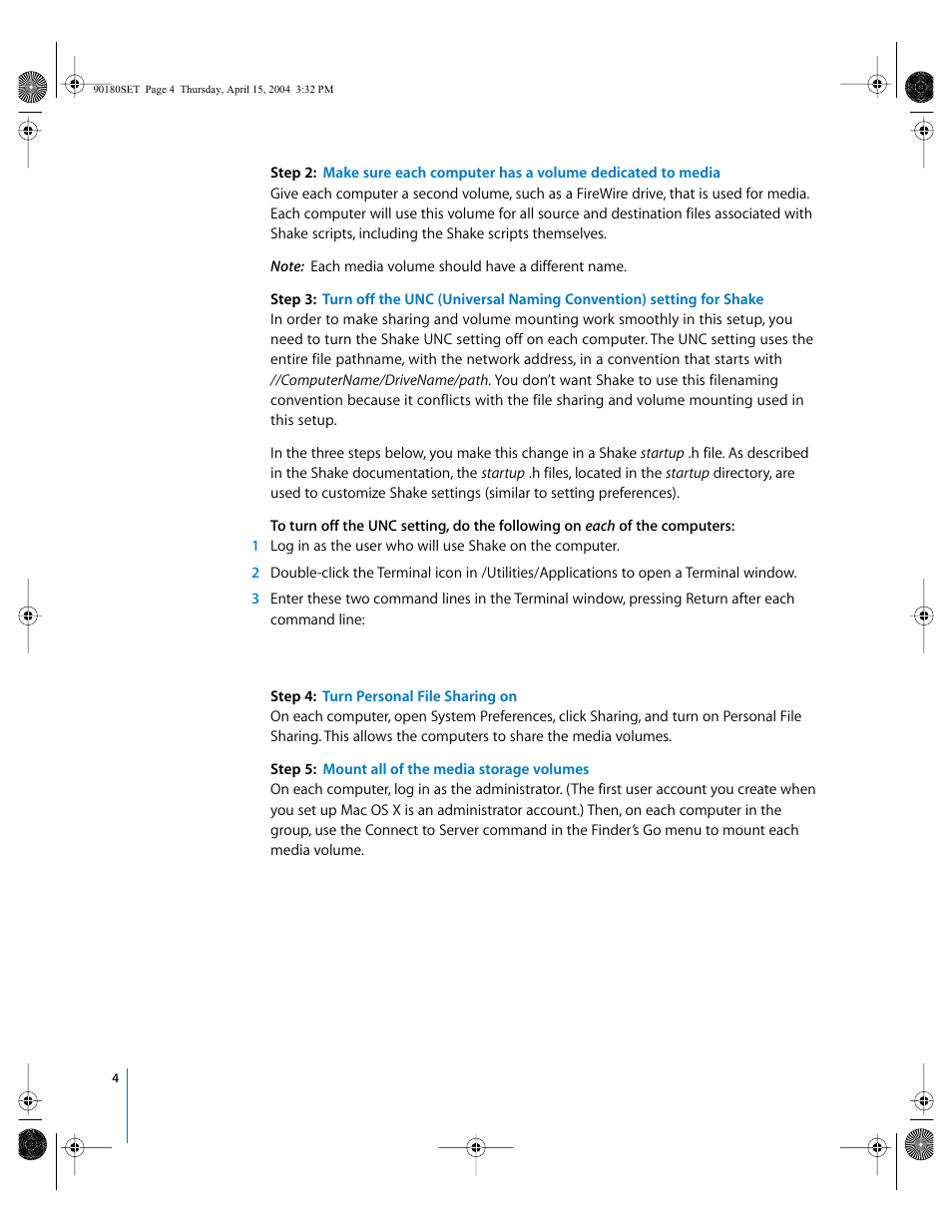 Step 4: turn personal file sharing on, Step 5: mount all of the media storage volumes | Apple Shake (Qmaster 1.2) Distributed Rendering (10.3) User Manual | Page 4 / 18