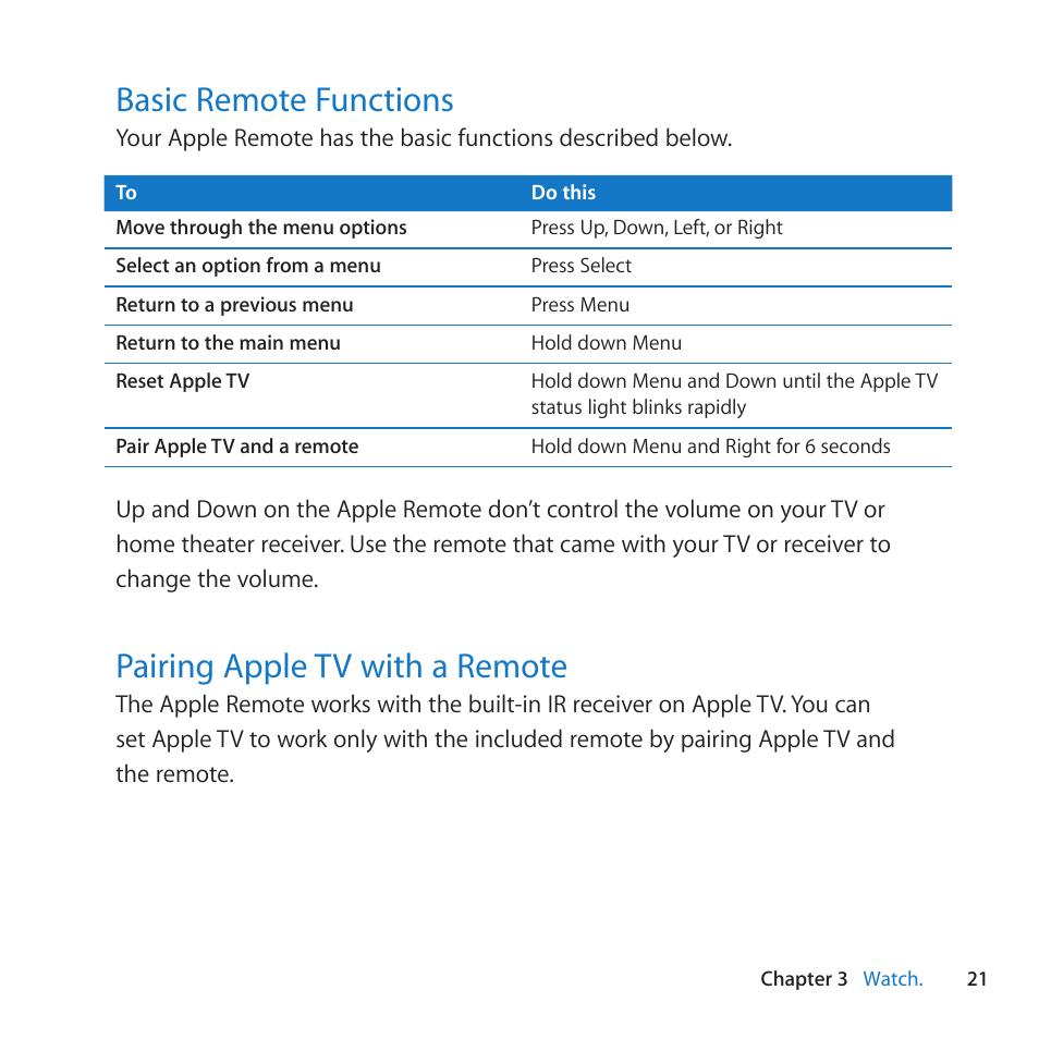 Basic remote functions, Pairing apple tv with a remote | Apple TV (2nd generation) User Manual | Page 21 / 36