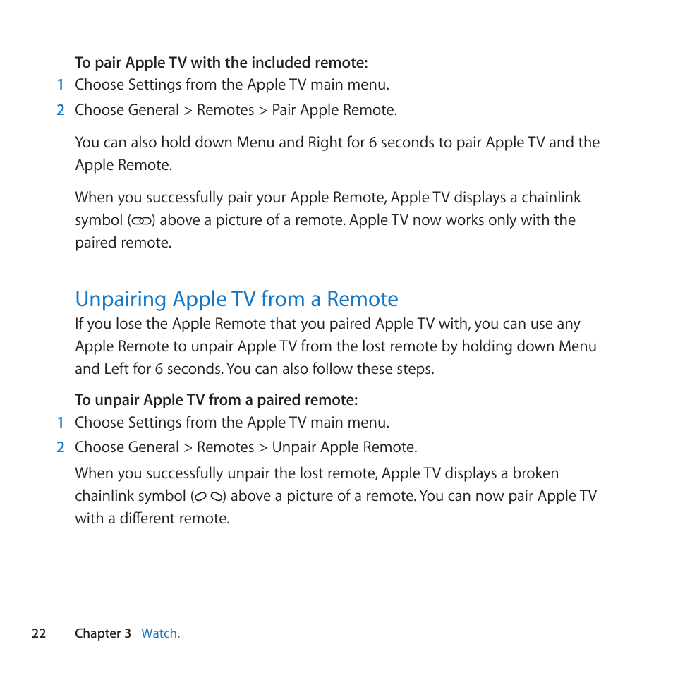 Unpairing apple tv from a remote, 22 unpairing apple tv from a remote | Apple TV (2nd generation) User Manual | Page 22 / 36