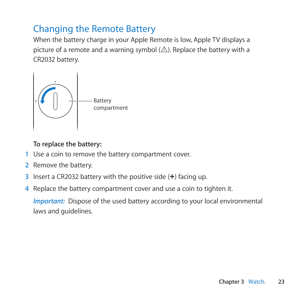 Changing the remote battery, 23 changing the remote battery | Apple TV (2nd generation) User Manual | Page 23 / 36