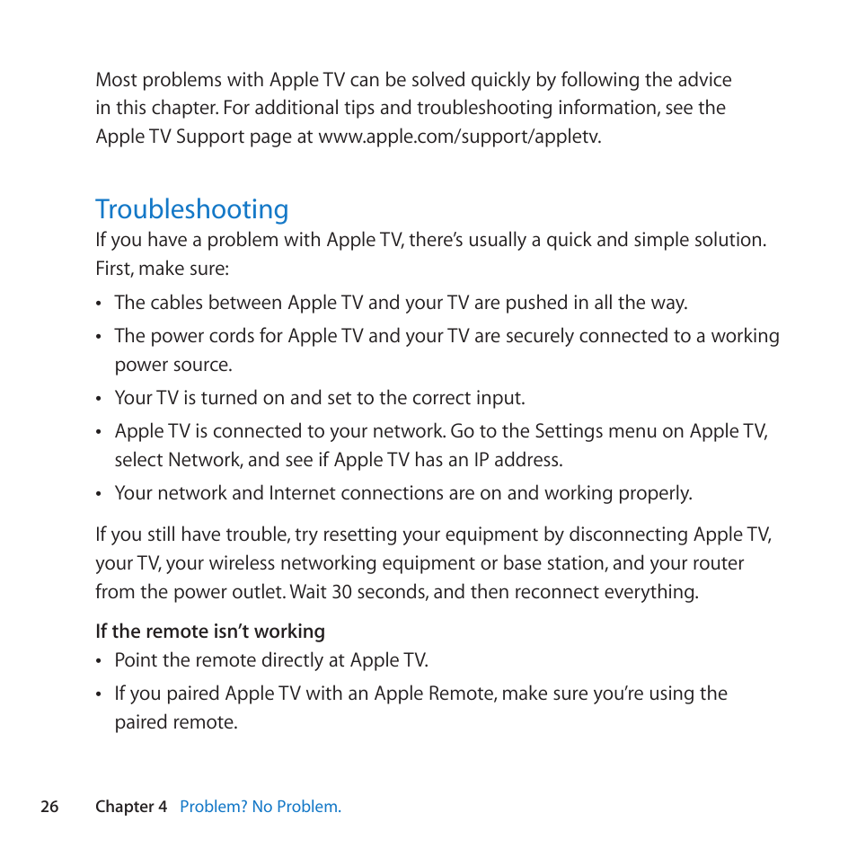 Troubleshooting, 26 troubleshooting | Apple TV (2nd generation) User Manual | Page 26 / 36