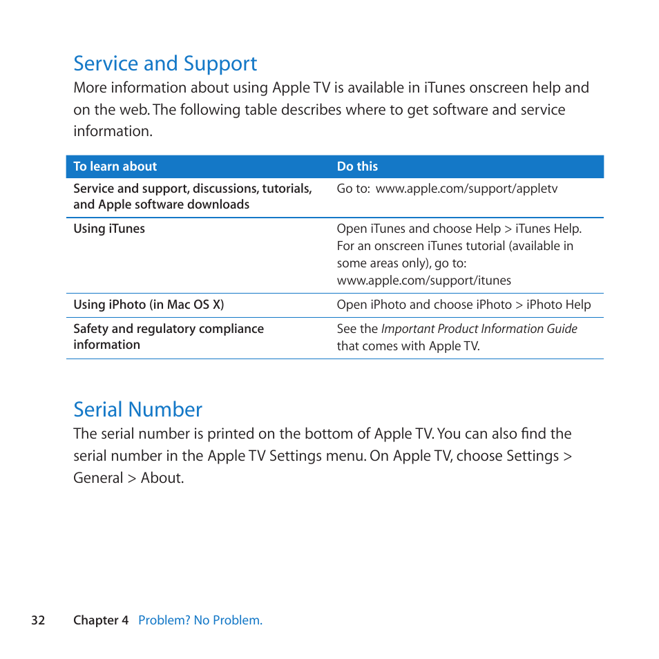 Service and support, Serial number, 32 service and support 32 serial number | Apple TV (2nd generation) User Manual | Page 32 / 36