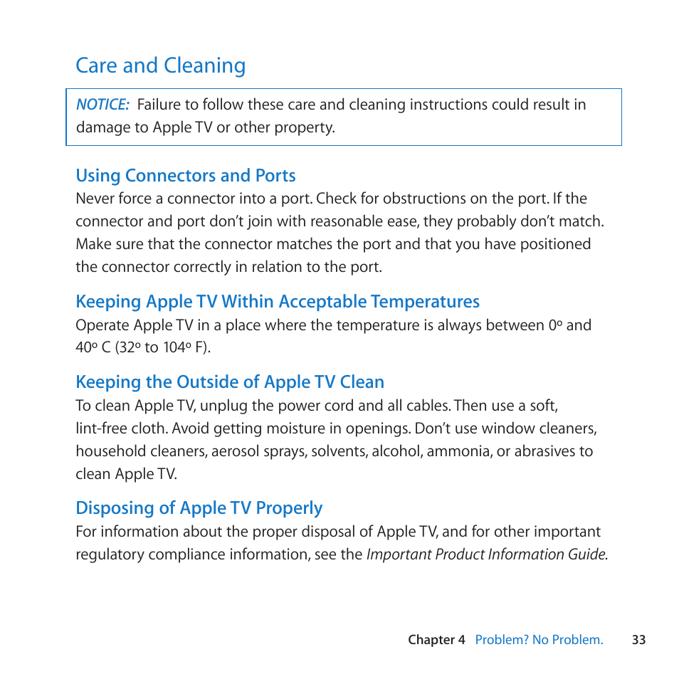 Care and cleaning, 33 care and cleaning | Apple TV (2nd generation) User Manual | Page 33 / 36