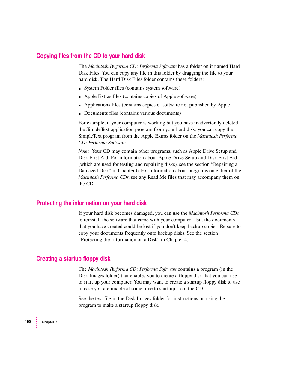 Copying files from the cd to your hard disk, Protecting the information on your hard disk, Creating a startup floppy disk | Apple Macintosh Performa 5400 Series User Manual | Page 101 / 184