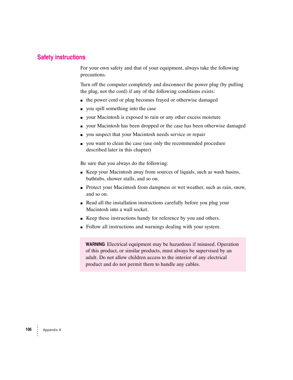 Safety instructions | Apple Macintosh Performa 5400 Series User Manual | Page 107 / 184