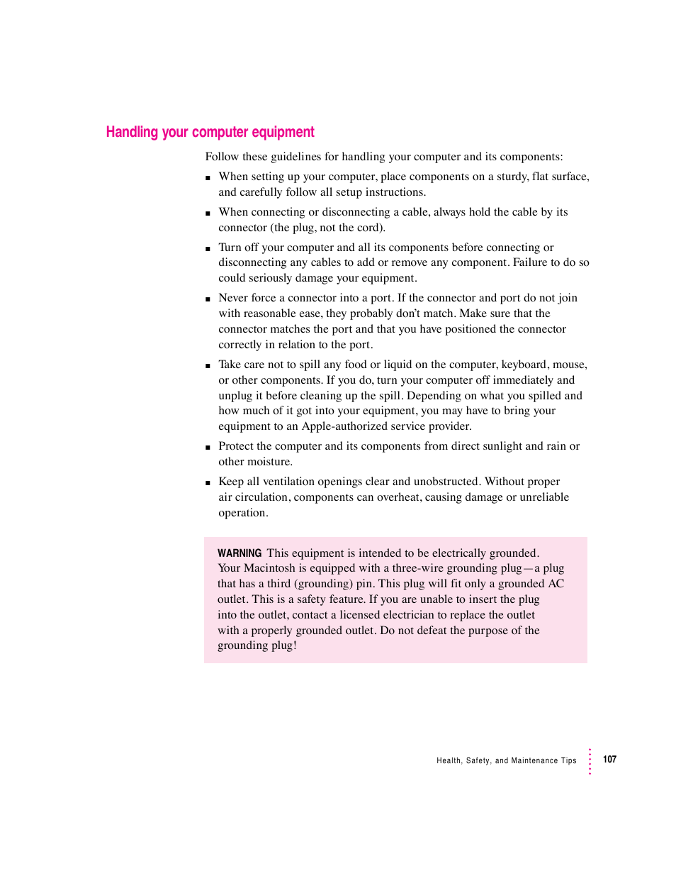 Handling your computer equipment | Apple Macintosh Performa 5400 Series User Manual | Page 108 / 184