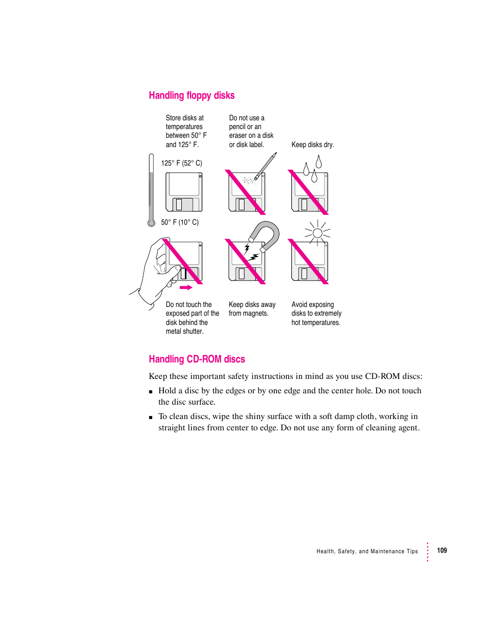 Handling floppy disks handling cd-rom discs | Apple Macintosh Performa 5400 Series User Manual | Page 110 / 184